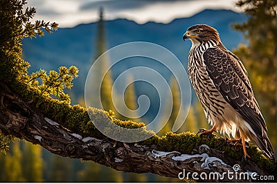 Close-Up Capture: Hawk in Sharp Focus, Feathers Rendered with High Detail, Perched on a Gnarled Branch Stock Photo
