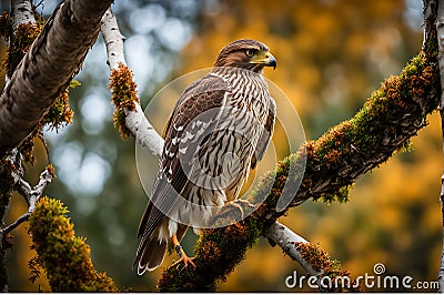 Close-Up Capture: Hawk in Sharp Focus, Feathers Rendered with High Detail, Perched on a Gnarled Branch Stock Photo