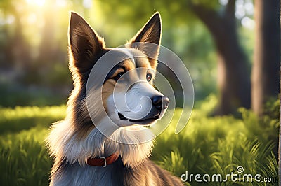 Curious Dog Sitting with a Tilt of its Head - 3D Illustration Capturing Hyper-Detailed Nature Scene Cartoon Illustration