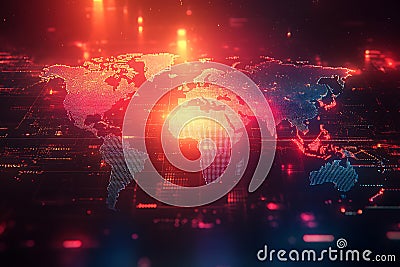 Close-up of a translucent digital screen displaying a high-tech world map Stock Photo