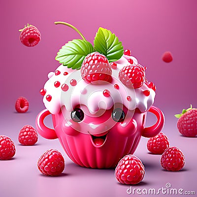 Cutesy Raspberry Delight - 3D Rendering Against Solid Background Stock Photo