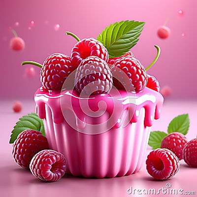 Cutesy Raspberry Delight - 3D Rendering Against Solid Background Stock Photo