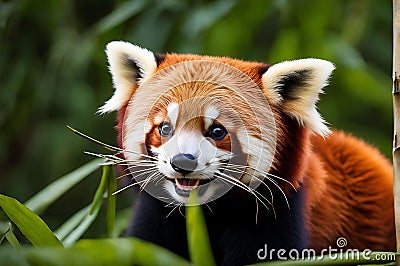 Mid-Yawn Marvel: Red Panda Perched on Sturdy Tree Branch Stock Photo