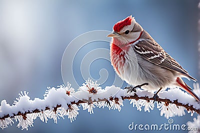 Frosty Perch: Redpoll on Frost-Covered Branch with Fluffed Feathers Stock Photo