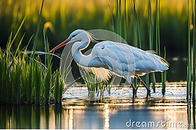 Regal Stork: Standing Proudly in Marshland Habitat, Reflection Mirrored in Still Water Stock Photo