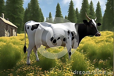 Attractive 3D Rendered Scene: Charismatic Cow in a Captivating Composition Stock Photo