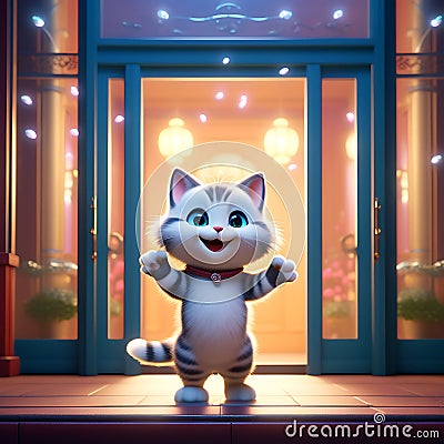 Cute Small Kitten Waving and Smiling: Greeting in Front of Theater Door (Unreal Engine Cozy Stock Photo