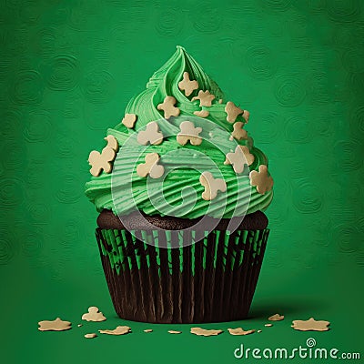 St. Patrick's day cupcake on green with three-leaved shamrocks (four leaf clove) on top generative AI Stock Photo