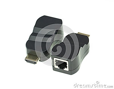 Image of HDMI extender to network lan internet adapter computer isolated on white background. Computer hardware Stock Photo