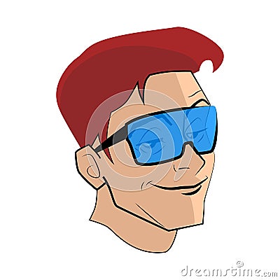 The image of the head of a young man with red hair and blue glasses. Vector Illustration