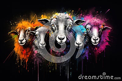 Image of herd of colorful sheep on black background. Farm animals. Generative AI, Illustration Stock Photo