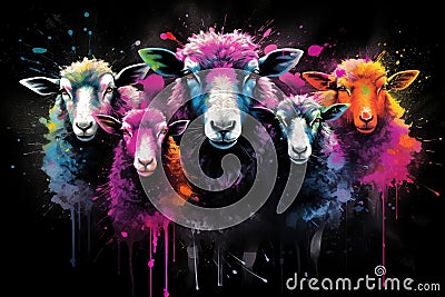 Image of herd of colorful sheep on black background. Farm animals. Generative AI, Illustration Stock Photo