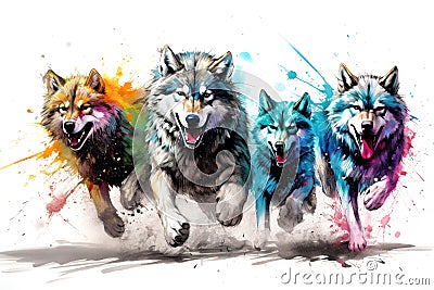 Image of herd of colorful wolf is running on white background. Wildlife Animals. Generative AI. Illustration Stock Photo