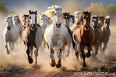 Image of herd of wild horses is running. Wildlife Animals. Generative AI. Illustration Stock Photo