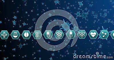 Image of hexagons with scientific icons over blue cells on navy background Stock Photo