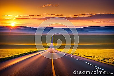 Highway lanes at sunset - made with Generative AI Stock Photo