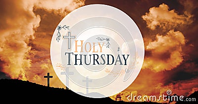 Image of holy thursday text over clouds and crosses Stock Photo