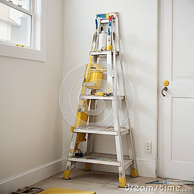 Home Improvement ladder paint can and paint roller Stock Photo