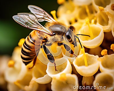 The honeybee collects pollen and nectar. Cartoon Illustration