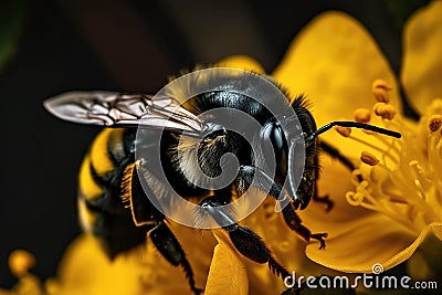 Image of honey bee sucking nectar on a yellow flower on natural background. Insect. Generative ai Stock Photo