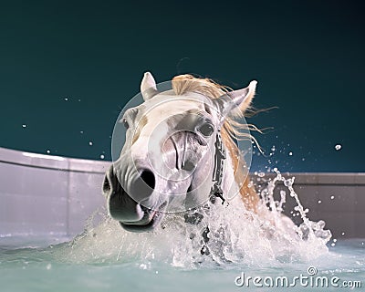 Hourse taking a bath in a bathtub with foam technology. Stock Photo