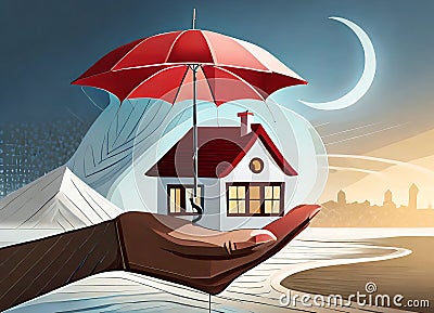 An image of a house in the palm of your hand and an umbrella on it.Visual information about Housing Insurance Stock Photo