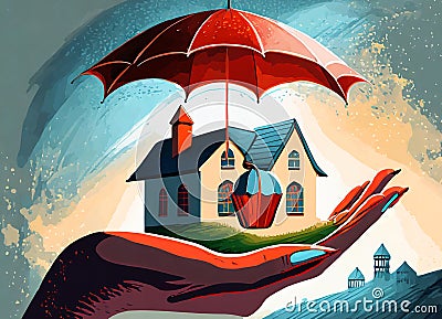 An image of a house in the palm of your hand and an umbrella on it.Visual information about Housing Insurance Stock Photo