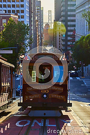 Iconic San Francisco Trolley driving downtown towards Oakland Bay Bridge Editorial Stock Photo