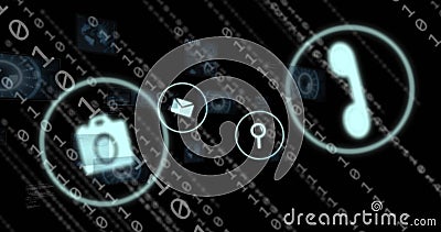 Image of icons, binary codes, radars, globes and computer language over black background Stock Photo