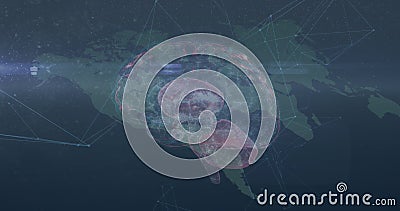 Image of icons, data and rotating brain over world map Stock Photo