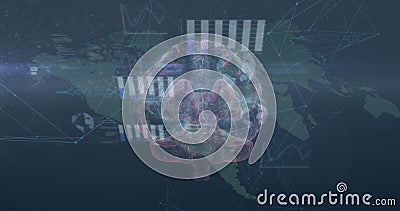 Image of icons, data and rotating brain over world map Stock Photo