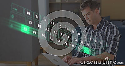 Image of illuminated pattern moving on keyboard over caucasian man working on laptop Stock Photo