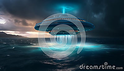 image of an illuminated UFO spaceship hovering over a stormy ocean. Generative ai Stock Photo