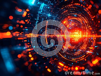 Image illustrates a colorful, complex neural network, with a central hub and various interconnected lines nodes Shades Stock Photo
