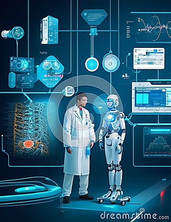 image illustrating the integration of artificial intelligence in healthcare, showcasing concepts like robotic surgery. Stock Photo