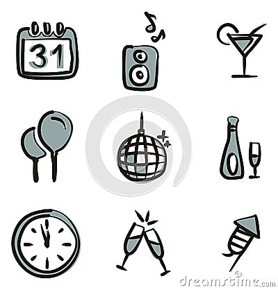 New Years Eve Icons Freehand 2 Color Vector Illustration