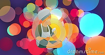 Image of illustration of child in chefs hat holding spoon over colourful moving circles Cartoon Illustration