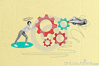 Image illustration 3d pop collage artwork of young funny engineer pushing mechanism automation settings isolated on Cartoon Illustration