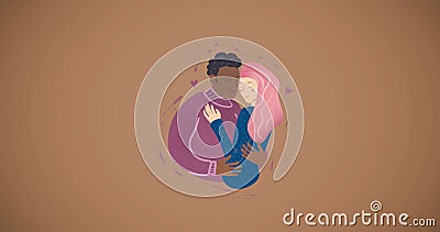 Image of illustration of happy biracial couple embracing on brown background Cartoon Illustration