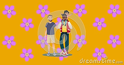 Image of illustration of happy biracial gay male parents and son, with purple flowers on orange Cartoon Illustration