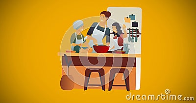 Image of illustration of happy mother cooking with son and daughter in kitchen, on yellow Cartoon Illustration