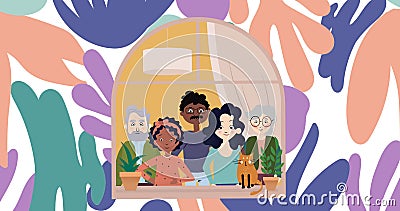 Image of illustration of happy multi generation biracial family at home, with leaf shapes Cartoon Illustration