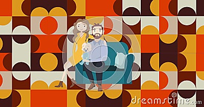 Image of illustration of happy parents holding baby, on retro patterned Cartoon Illustration