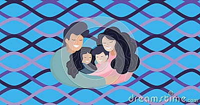 Image of illustration of happy parents hugging son and daughter, over wavy lines on blue Cartoon Illustration