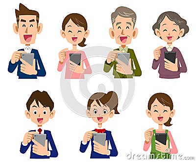 Illustration set of a family operating a smartphone with a smile Vector Illustration