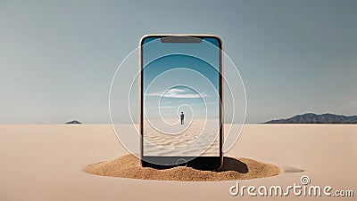 Image in image, mobile landscape with lonely figure in a desert. Stock Photo