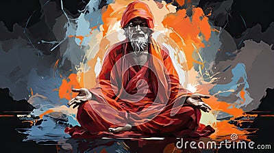 An image of indian monk meditating in a dark room with fire background Stock Photo