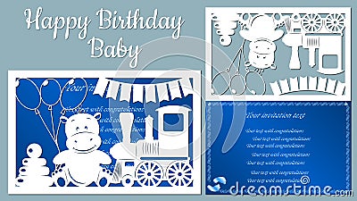 The image with the inscription-Happy birthday baby. Template with vector illustration of toys. Animals on the train. For Vector Illustration