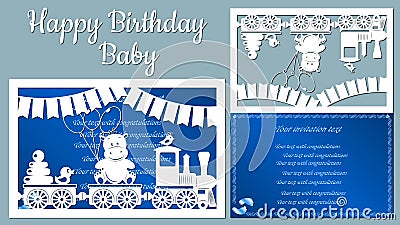 The image with the inscription-Happy birthday baby. Template with vector illustration of toys. Animals on the train. For Vector Illustration