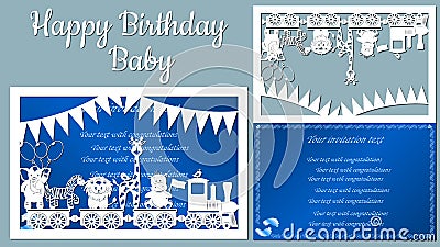 The image with the inscription-Happy birthday baby. Template with vector illustration of toys. Animals on the train. For Vector Illustration